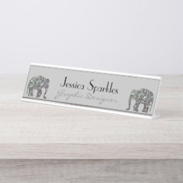 Placa De Mesa Elegante mosaico prateado brilhante Elefante cinza