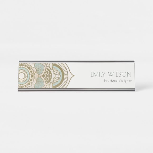 Placa De Mesa Elegante Ornamentado Dourado Turquoise Teal Mandal (Frente)