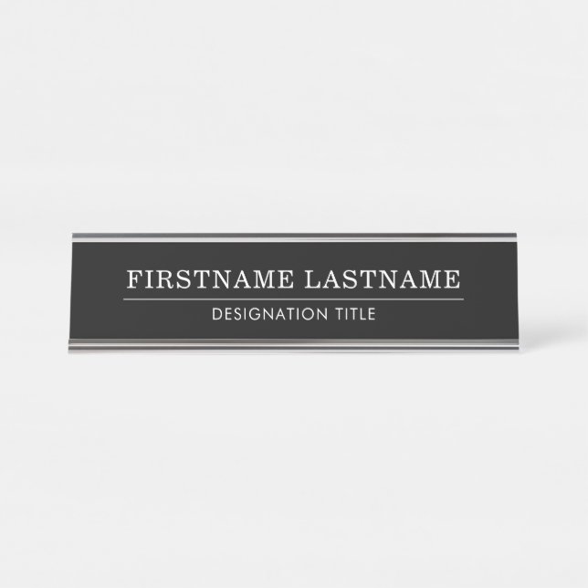 Placa De Mesa Elegante Preto Branco com Nome Título Linha Simple (Frente)