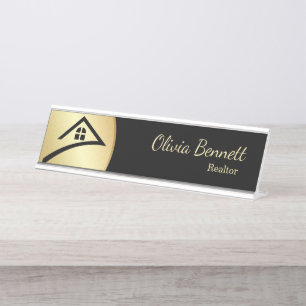 Placa De Mesa Elegante Preto e Dourado