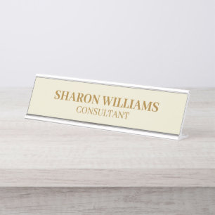 Placa De Mesa Elegante Profissional Bege Dourado Minimalista