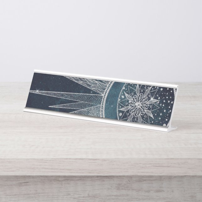 Placa De Mesa Elegante Sun Moon Doodle Mandala Blue Design (Frente)