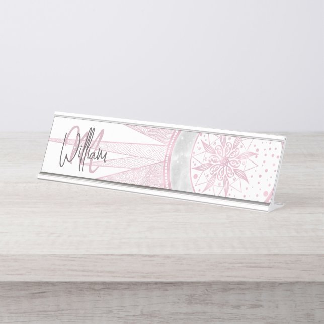 Placa De Mesa Elegante Sun Moon Doodle Mandala White Design (Frente)