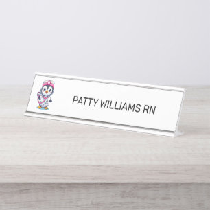 Placa De Mesa Enfermeira Pinguim-Rosa-Rosa-Estioscópio Personali