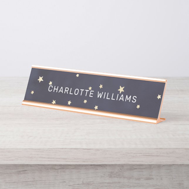 Placa De Mesa Escrita moderna das estrelas azul e dourada do mar (Frente)