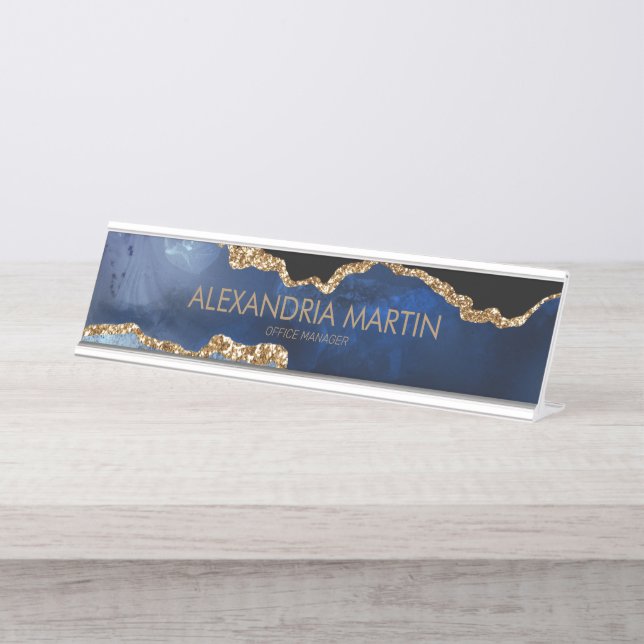 Placa De Mesa Estiloso Moderno Azul Naval Dourado Lascas Escritó (Frente)