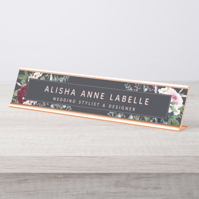 Placa De Mesa Floral Aquarela Brilhante Grafite Marinho Escuro (Frente)