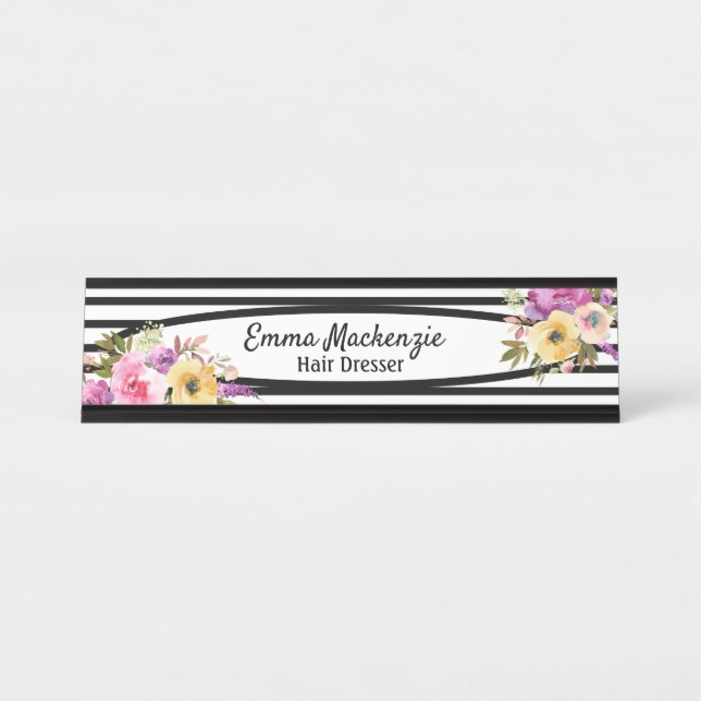 Placa De Mesa Flores Florais - Sinal preto e branco do escritóri (Frente)