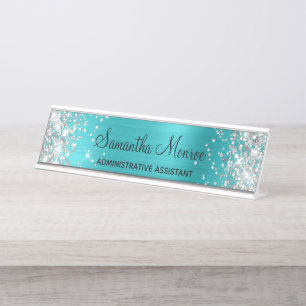 Placa De Mesa Folha Azul Turquesa de Silver Gliter