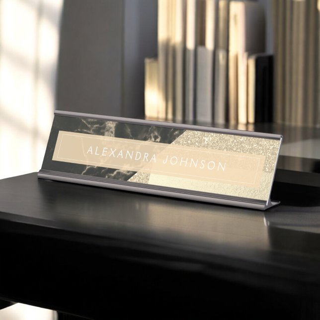Placa De Mesa Folha brilhante Dourada e mármore preto (Criador carregado)