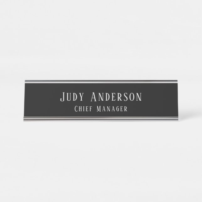 Placa De Mesa Fonte Serif Simples Profissional Cinza Preto Tendê (Frente)