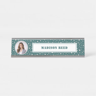 Placa De Mesa Foto Personalizada com Círculo de Pérolas em Azul 