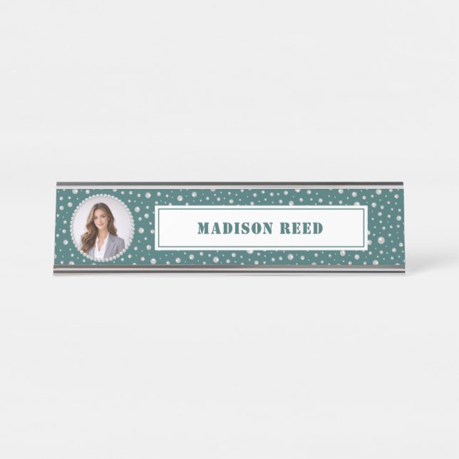 Placa De Mesa Foto Personalizada com Círculo de Pérolas em Azul  (Frente)