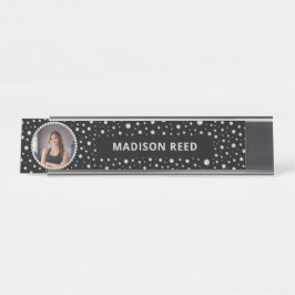 Placa De Mesa Foto Personalizada com Círculo de Pérolas em Preto