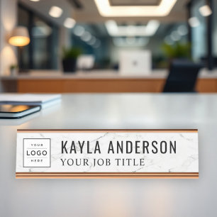 Placa De Mesa Funcionário de Logotipo de Mármore Branco Elegante