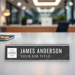 Placa De Mesa Funcionário de Logotipo de Mármore Preto Elegante