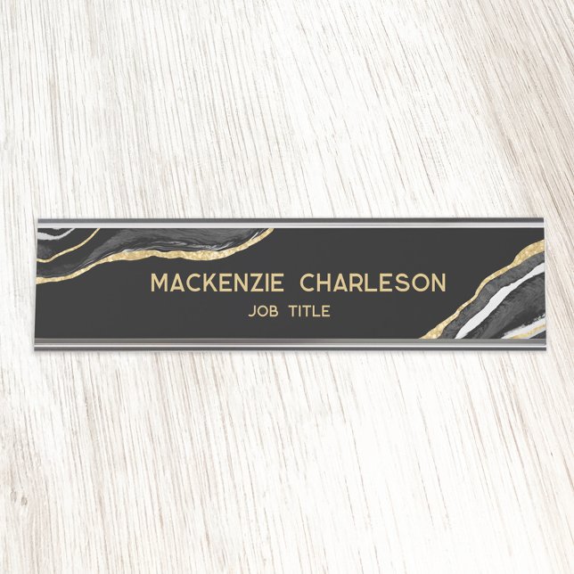 Placa De Mesa Funcionário Dourado de brilho do mármore preto (Black and gold agate marble watercolor personalized custom text professional name plate)