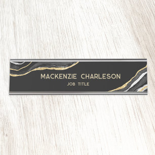 Placa De Mesa Funcionário Dourado de brilho do mármore preto