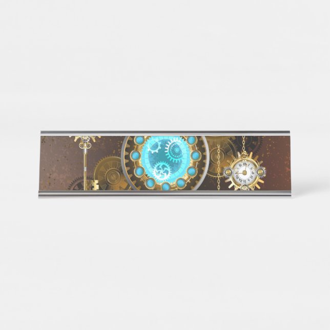 Placa De Mesa Fundo Rusty Steampunk com Lentes Turquesa (Frente)
