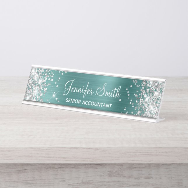 Placa De Mesa Garota Glittery Silver Faux Aqua Teal Foil (Frente)
