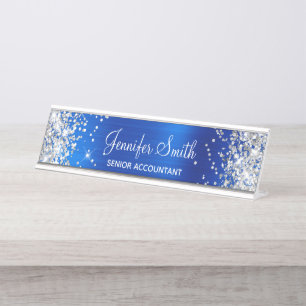 Placa De Mesa Garota Glittery Silver Faux Royal Blue Foil