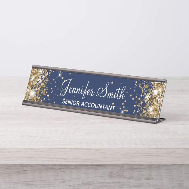 Placa De Mesa Girly Faux Dourado Glitter Midnight Blue (Frente)