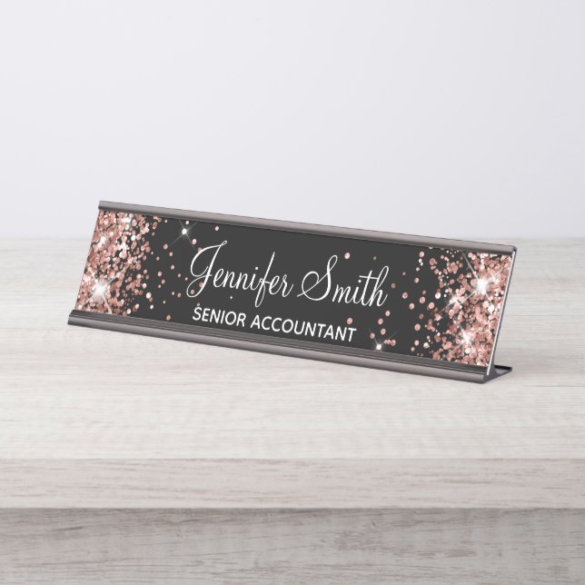 Placa De Mesa Girly Faux Rosa Dourada Glitter Black (Frente)