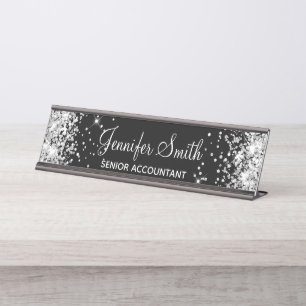 Placa De Mesa Girly Faux Silver Glitter Black