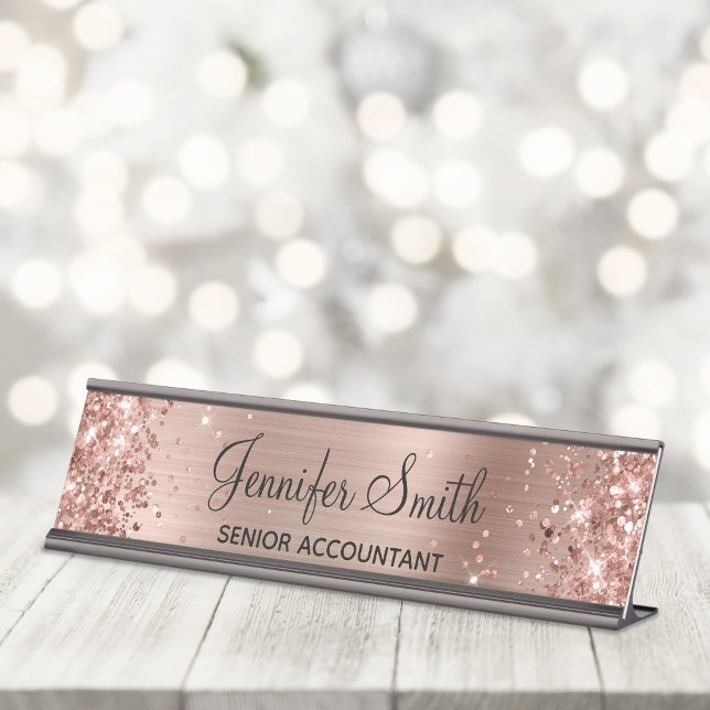 Placa De Mesa Girly Glittery Faux Rosa Gold Foil (Girly glam desktop name plate for her.)