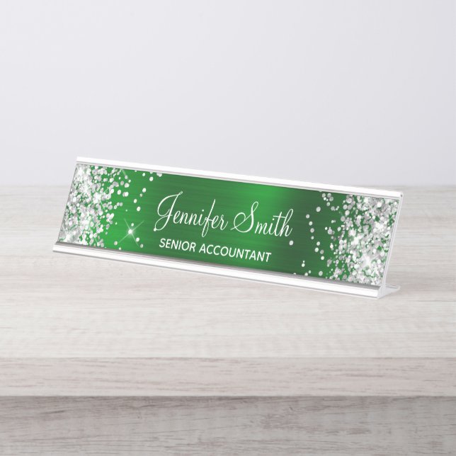 Placa De Mesa Girly Glittery Silver Faux Emerald Green Foil (Frente)