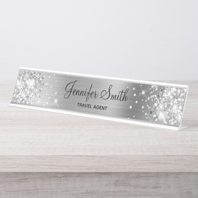 Placa De Mesa Girly Silver Glitter e Foil (Frente)