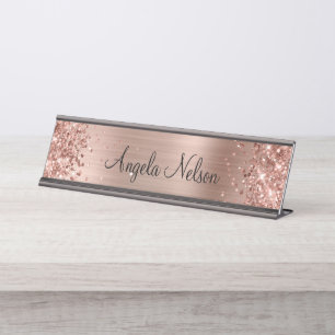 Placa De Mesa Glittery Faux Rosa Gold Foil Name