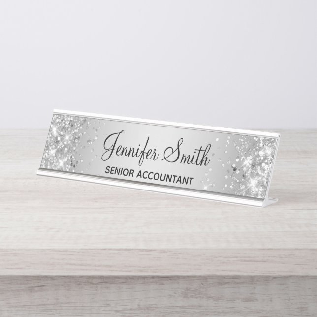 Placa De Mesa Gradiente de Cinzas Silver Girly Glittery (Frente)