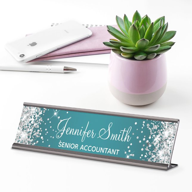 Placa De Mesa Gradiente de Turquesa Escura Girly Silver Glitter (Silver Glitter and Teal Name Plate for Her)