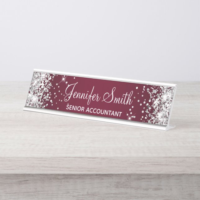 Placa De Mesa Gradiente Girly Silver Glitter Burgundy (Frente)