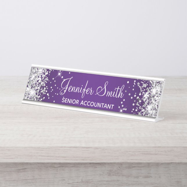 Placa De Mesa Gradiente Real Roxo da Glitter Girly Silver (Frente)