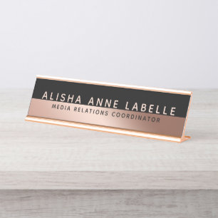 Placa De Mesa Grafite Preto Mínimo e Moderno, Rosa, Dourado, co