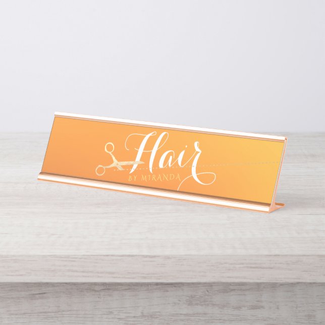 Placa De Mesa Hairstylist Makeup Salon Chic Orange Tesoura Doura (Frente)