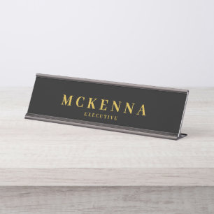 Placa De Mesa Iniciais do Monograma Preto Dourado Executivo Func