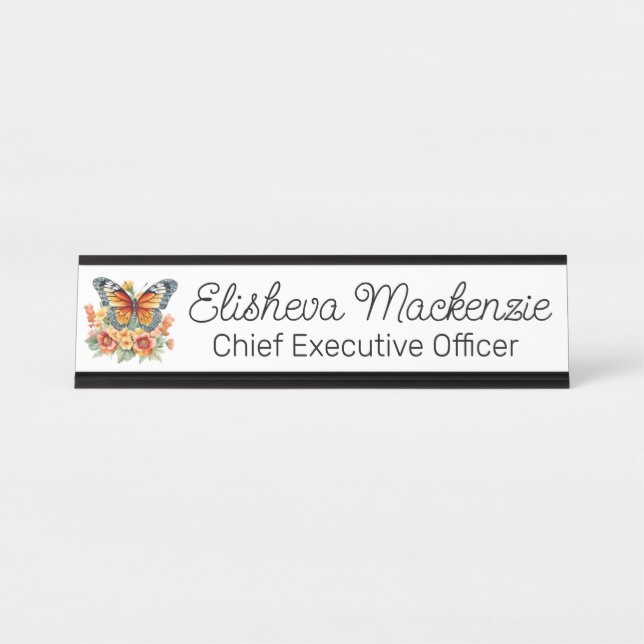 Placa De Mesa Jardim de Borboletas Laranja e Branco Escritório (Frente)
