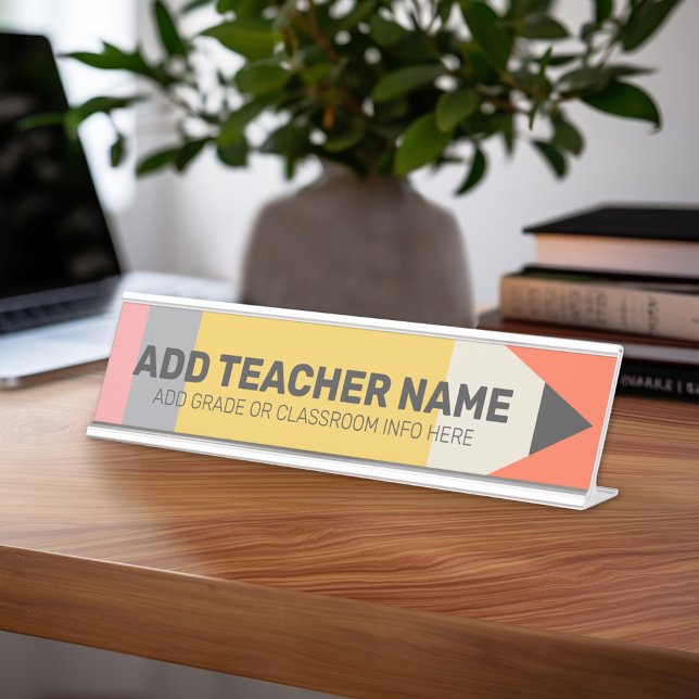 Placa De Mesa Lápis Moderno com Informações sobre Professores e  (Teacher Desk Name Plate - Great Teacher Appreciation Gift or Classroom Decor)
