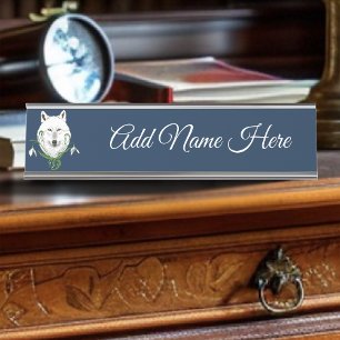 Placa De Mesa Lobo Ártico Branco Místico Flor-de-Neve Azul de In