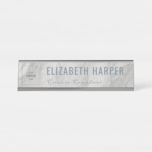 Placa De Mesa Logotipo Empresarial Azul e Mármore Branco Moderno