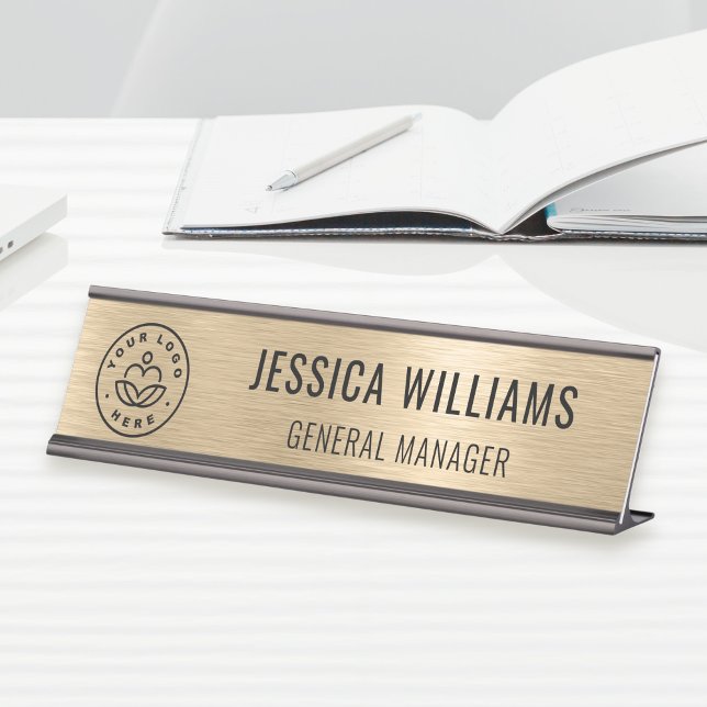 Placa De Mesa Logotipo Empresarial Funcionário Elegante Dourado  (Criador carregado)