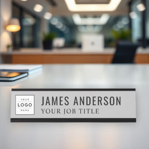 Placa De Mesa Logotipo Empresarial Personalizado Cinza Moderno