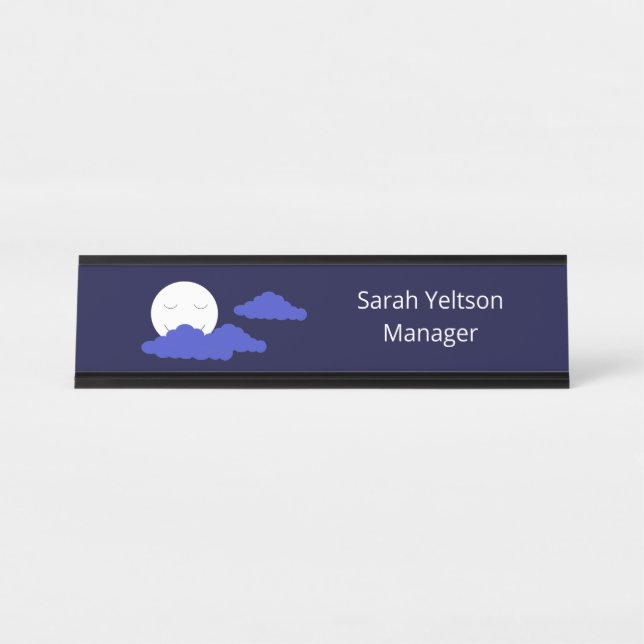 Placa De Mesa Lua cheia sorridente com nuvens: Azul escuro (Frente)