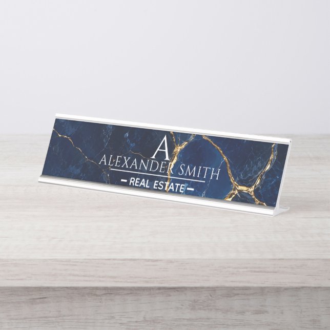 Placa De Mesa Luxury Navy Marble Gold Monogram Business Branding (Frente)