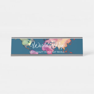 Placa De Mesa Mapa Mundial Colorido em Aquarela Azul Marinho Ret