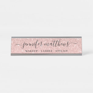 Placa De Mesa Maquiagem Glitter de Sparkle Dourada Girly Rosa