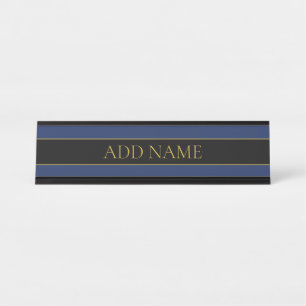 Placa De Mesa Marinho Azul e Nome Dourado Sobrenome ou Empresa